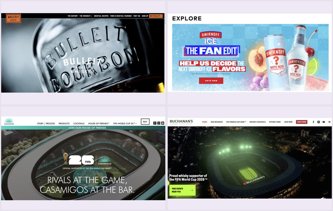 Four migrated brand sites — Bulleit, Smirnoff, Casamigos, and Buchanan's — on the unified platform
